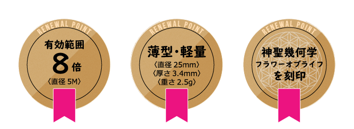 有効範囲８倍、薄型･軽量 直径25mm 厚さ3.4mm 重さ2.5g、神聖幾何学フラワーオブライフを刻印